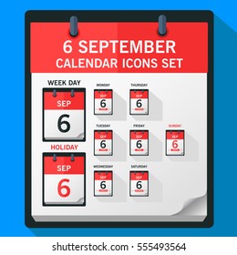 Modern vector illustration of variety type of 6 september flat calendar icon