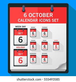 Modern vector illustration of variety type of 6 october flat calendar icon