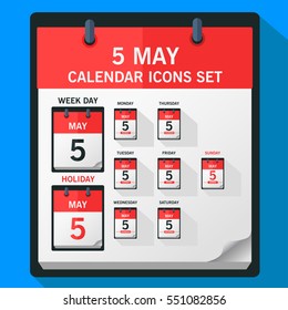 Modern vector illustration of varity type of 5 may flat calendar icon