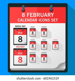 Modern vector illustration of varity type of 8 february flat calendar icon