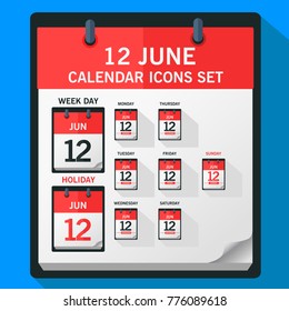 Modern vector illustration of varity type of 12 June flat calendar icon