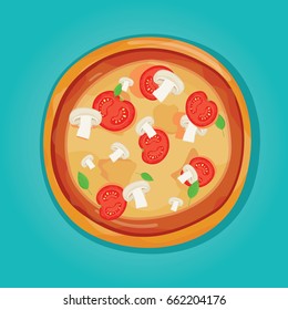 Modern vector illustration of Vegetarian pizza. Traditional Italian recipe.