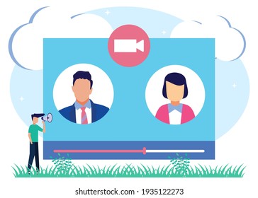 Modern vector illustration of Video call conversation using online webcam. Long distance web communication using speaking applications. A work conference or meeting using a digital solution.