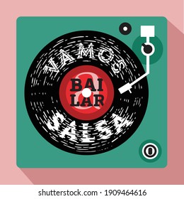 Modern Vector Illustration with vinyl record player and lettering in Spanish which means: Let’s dance salsa. 