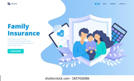 Modern vector illustration for website, landing page, banner, poster. Health, life and property insurance for family concept. Young couple with their baby protected with shield.