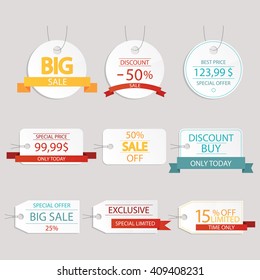 Modern vector illustration of white labels set with different design elements, ribbonsand text.Sale tags