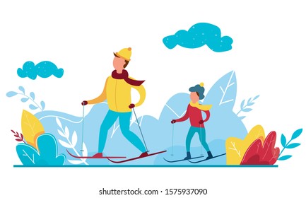 Modern vector illustration of winter season featuring Christmas holidays outdoor activities. Cartoon ski riders. Family ski trip.
