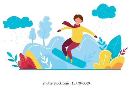 Modern vector illustration of winter season featuring Christmas holidays outdoor activities. Cartoon snowboard rider dressed in winter clothes.