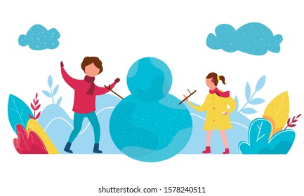 Modern vector illustration of winter season featuring Christmas holidays outdoor activities. People dressed in winter clothes Making Snowman and having fun