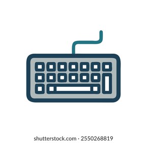 Modern vector illustration of a wired computer keyboard symbol, flat design keyboard icon on a white background, showcasing detailed keys and sleek lines.