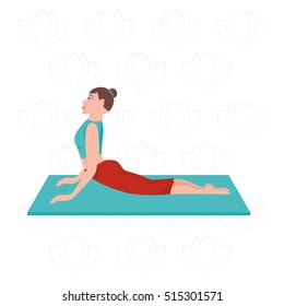 Modern vector illustration of woman exercising  yoga poses training in studio on lotus background.