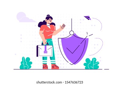 Modern vector illustration. Woman is holding a shield covering from attacks. Protection, insurance, from business dangers concept. Flat style modern design vector illustration for web page, cards