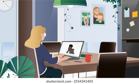 A modern vector illustration of a woman working on a laptop in a home office. The scene features a cozy setup with framed family photos, indoor plants, and a warm, creative atmosphere.