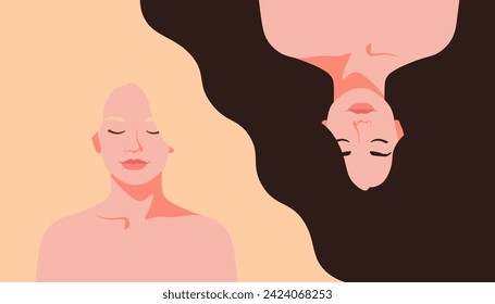 Modern vector illustration of women with light and dark hair. Cute young blonde and brunette with long hair. Concept of beauty, health and fashion.