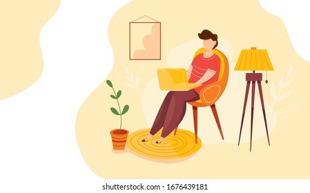Modern vector illustration of working at home. Man work in comfortable conditions. Home office. Freelancer with cat, plant. Epidemic quarantine. Self employed concept. Businessman with laptop.