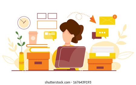 Modern vector illustration of working at home. Man work in comfortable conditions. Home office. Freelancer with cat, plant. Epidemic quarantine. Self employed concept. Businesswoman with laptop.