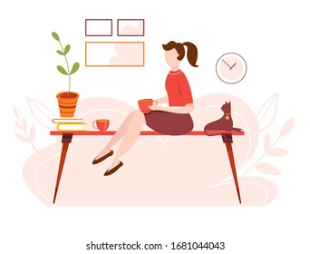 Modern vector illustration of working at home. Woman work in comfortable conditions. Home office. Freelancer with cat, plant. Epidemic quarantine. Self employed concept. Businessman with laptop.