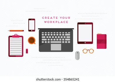 Modern vector illustration of workplace. Top view scene with flat computers and working tools for creative people. 