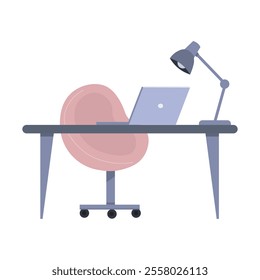 A modern vector illustration of a workspace featuring a desk with a laptop, a pink swivel chair, and a desk lamp. Ideal for office, work-from-home, or productivity-themed designs.