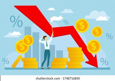 Modern Vector Illustration Of World Financial Crisis. Oil Price Drop. Ollapse Of The Economy. Bankruptcy. Down Arrow Stocks Graph. Man Hoisted White Flag Helping In Financial Crisis.