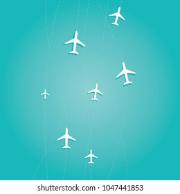Modern vector illustration of world map whit dashed trace line and airplanes flying