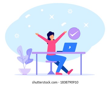 Modern vector illustration. The young businessman gets the job done and is happy by raising his hand at work. Job well done and successful. Completed task.