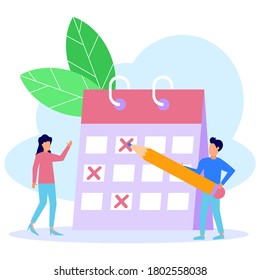 Modern vector illustration. Young entrepreneurs make online schedules on tablets. business task scheduling graphic design for this week.