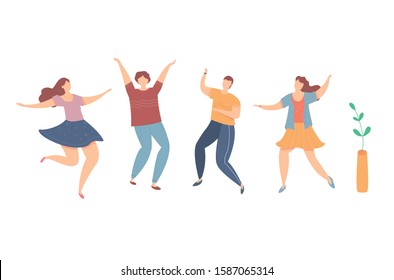 Modern vector illustration of young happy dancing people. Set of characters having fun at party. Male and female in trendy clothes.  Men and women enjoying events