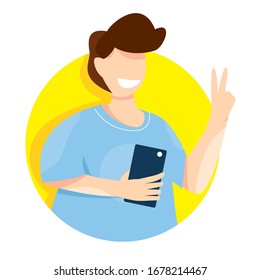 Modern Vector Illustration Of Young Man With Smartphone Taking Selfie. Cartoon Illustration Of Millenial Making Photo Of Yourself. Fashion Trend Concept.  Icon For Web Site, App.