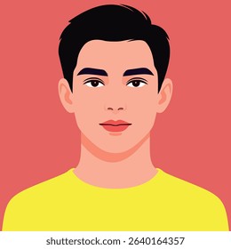 A modern vector illustration of a young man with neat black hair and a yellow shirt, set against a red background. Ideal for use in avatars, UI design, profile icons, and web applications.
