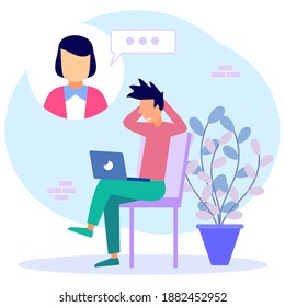 Modern vector illustration. Young men use laptops for video calls with colleagues or colleagues. Friends talk online. Online education and e-learning concepts.