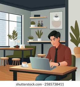 Modern vector illustration of a young professional working on a laptop in a stylish cafe. The cozy coffee shop setting features warm tones, minimalist decor, indoor plants, and large windows allowing