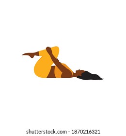 Modern Vector illustration of Young Woman with Dark Skin Tone Stretching in Yellow Sportswear. Flat, Sport, Training.