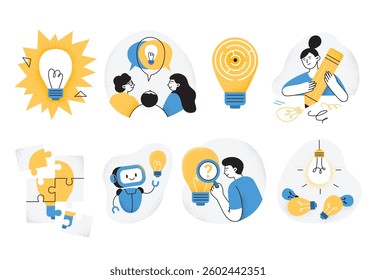 Modern vector illustrations of creativity, innovation, and brainstorming. Teamwork, problem-solving, and AI. Perfect for business, start-ups, design thinking, and idea development concepts.