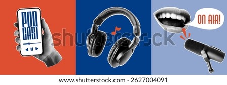 Modern vector illustrations for podcast show design. Covers with studio mic, soundtrack lines, copy space, halftone cutout aesthetic, retro digital broadcast look.