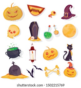 Modern vector ilustration of Happy Halloween design elements. Set of  of colorful Halloween design elements. Pumkin, vampire, skull, hat, cat, moon isolated on white background for stickers, labels