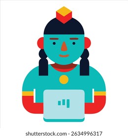 Moderner Vektor der indigenen Jugend mit Technologie und tragen traditionelle Accessoires. Ein Symbol für kulturelle Kontinuität, Identität und Anpassung. Weißer Hintergrund, flache Illustration.