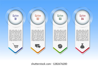 Modern vector info graphic with transparent glass design elements. Blue background. Business info graphic template. Customizable info graphic elements.