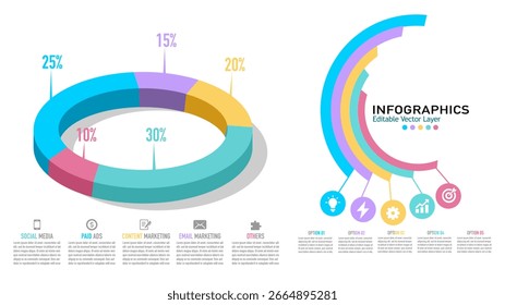 Um modelo de design de infográfico vetorial moderno com um gráfico de rosca 3D e um gráfico em anel com ícones. Perfeito para visualização de dados, apresentações de negócios e relatórios de marketing