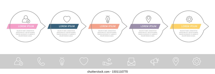 Modern vector infographic flat line template circles for five label, diagram, graph, presentation. Business concept with 5 options and arrows. For content, flowchart, timeline, workflow, marketing