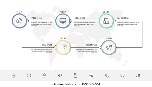 Modern vector infographic flat line template circles for five label, diagram, graph, presentation. Business concept with 5 options and arrows. For content, flowchart, timeline, workflow, marketing