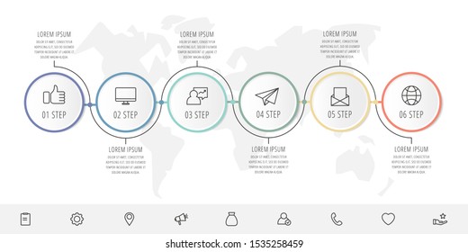 Modern vector infographic flat line template circles for six label, diagram, graph, presentation. Business concept with 6 options and arrows. For content, flowchart, timeline, workflow, marketing