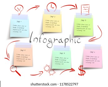 Modern vector infographic with hand drawn elements and realistic colored paper notes. Template illustration. 6 step an options. Isolated on white background. Layout chart. Simple icons. 