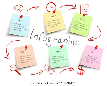 Modern vector infographic with hand drawn elements and realistic colored paper notes with red pushpin. Template illustration. 6 step an options. Isolated on white background. Layout chart.