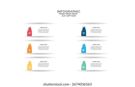 Moderne Vektor-Infografik-Vorlage für Geschäftspräsentationen mit sechs horizontalen Optionen mit bunten Pinselstrichen und Symbolen für eine klare Datenvisualisierung.