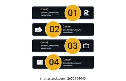 Moderna Plantilla de infografía de Vector con cuatro Anuncios Horizontales cada uno con un número circular amarillo e íconos para la presentación de negocios o pasos de proceso Perfecto para líneas de tiempo de informes comerciales