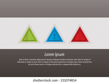 Modern vector info-graphic template. Soft stripped background with three big buttons. Space for your content. Three steps or choices. Three different colors. Editable, sizable.