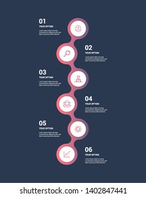 Modern vector infographics elements with creative design illustration. Can be used for workflow layout, diagram, number options,  icons for 6 steps or options,vertical design template. EPS10