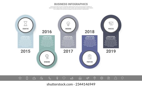 Infografía vectorial moderna con cinco círculos. Plantilla de negocio con 5 pasos para diagrama, web, banner, presentaciones, diagrama de flujo, contenido, niveles, gráfico, gráfico, escala de tiempo