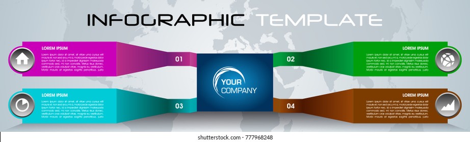 Modern vector infographics options template with colorful rectangle  and world map